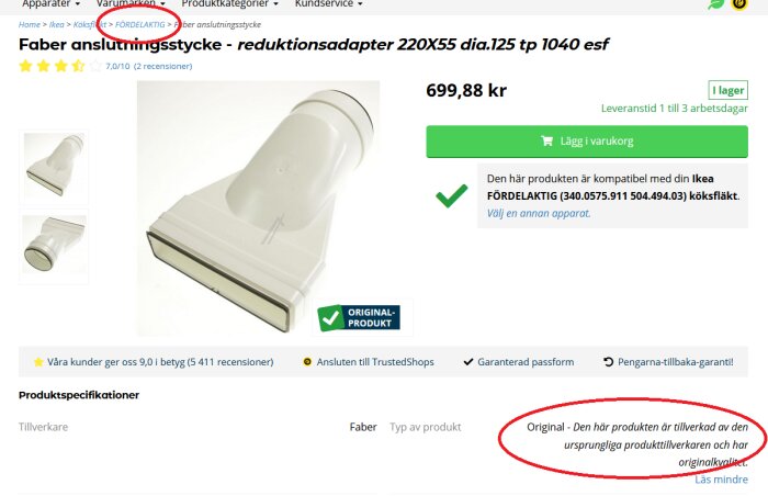 Webbsida som visar en anslutningsadapter för köksfläkt, kompatibel med IKEA-produkt, markerad som originalprodukt, med prisinformation.