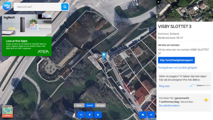 Skärmdump av Hitta.se med karta, satellitvy över Visby, annonser och fastighetsinformation.