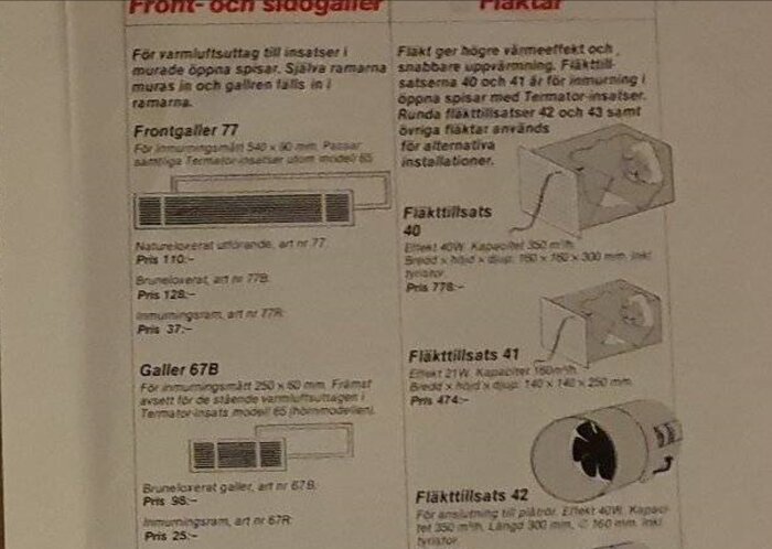 Instruktioner och illustrationer för ventilationsprodukter på svenska med priser och artikelnummer.