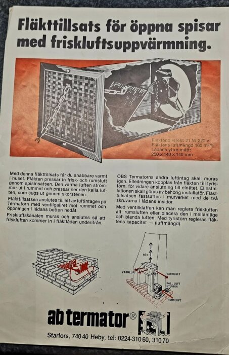 Svensk annons för fläkttillsats till öppna spisar med beskrivning, tekniska detaljer och illustrationer.