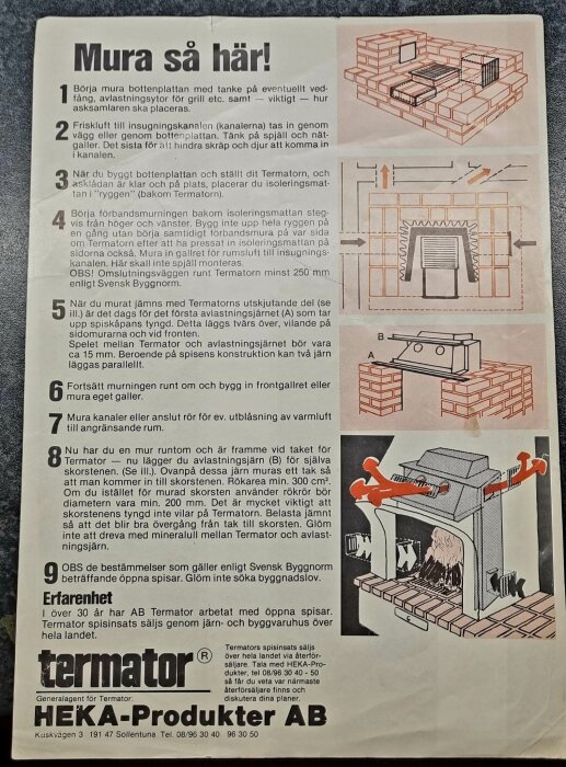 Instruktioner för uppbyggnad av öppen spis med illustrationer och diagram, reklammaterial för Termator-produkter.