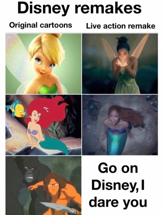 Meme som jämför Disney-tecknade figurer med deras live action-motsvarigheter, humoristisk utmaning till Disney.