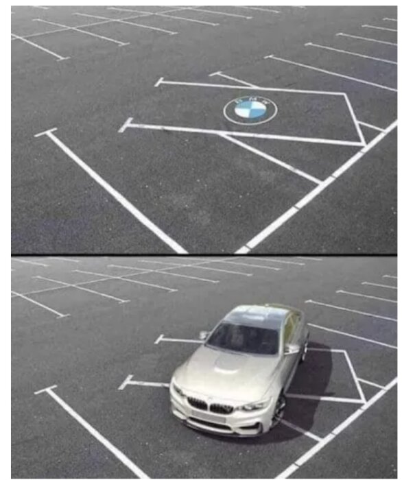 Bil parkerad på plats ritad för att likna BMW-loggan, rolig parkeringsdesign, ironisk situation.