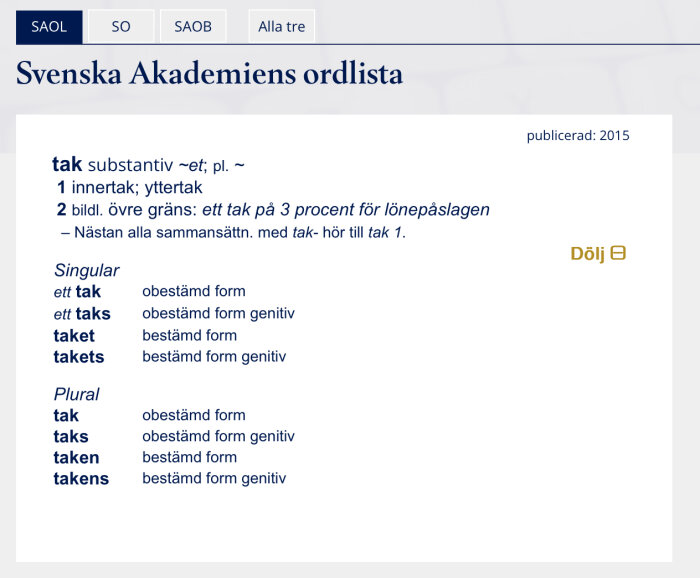 Skärmdump från Svenska Akademiens ordlista visar ordet "tak" med böjningsformer och definitioner.