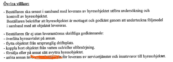 En textutdrag med rubriken "Övriga villkor" som beskriver riktlinjer för hyresobjekt, inkluderande undersökning, godkännande och ansvar.