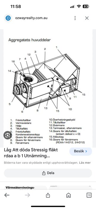 Teknisk ritning av värmeåtervinningsaggregat med numrerade delar och beskrivande text på svenska, mobilgränssnitt.