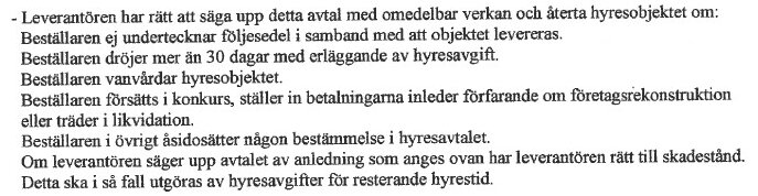 Text på svenska om uppsägning av avtal, villkor vid försening, konkurs och skadestånd.