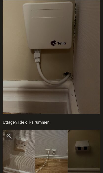 Flera nätverksuttag och en router eller switch från Telia i olika rum.