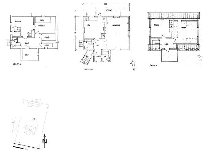 Arkitektoniska ritningar av en byggnad med olika plan, inkluderar mått och rum beteckningar.