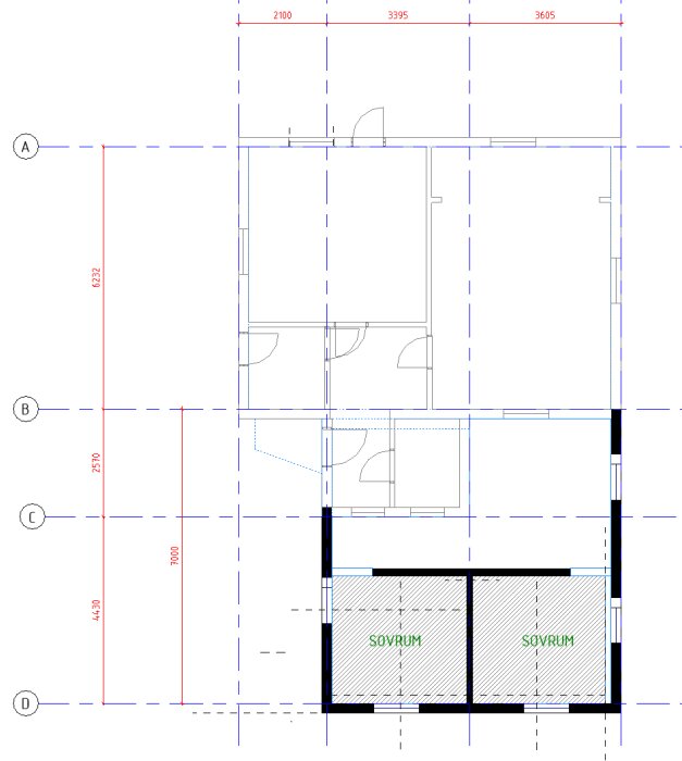 Arkitektonisk ritning av en planlösning med mått, två sovrum markerade, möblering föreslagen.
