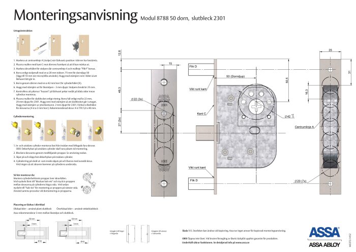 Monteringsanvisning för dörrmodul, tekniska ritningar, mått, instruktioner, ASSA ABLOY logotyp, gråskalor, ikoner.