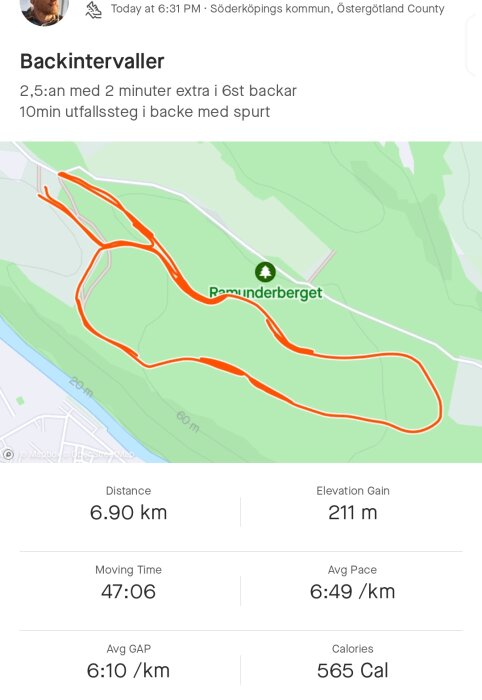 Löpaktivitet, 6.90 km, backintervaller, Söderköpings kommun, Ramunderberget, tid, hastighet, höjdvinst.