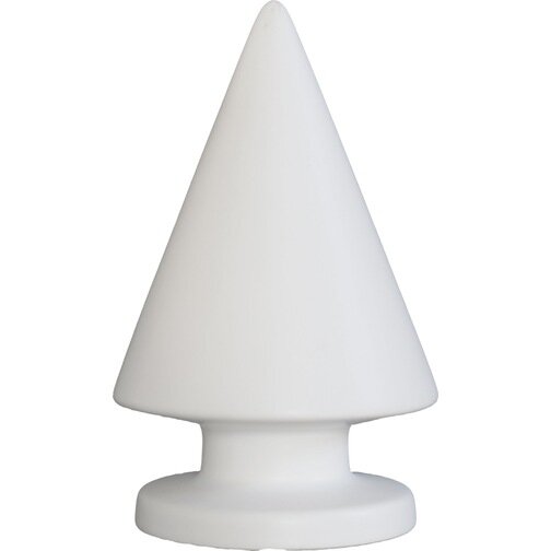 Vit, konformad bordslampa på en vit bakgrund, minimalistisk design.