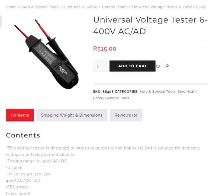 En spänningstestare för AC/DC, 6-400V, visas på en webbshops produktbild med pris och specifikationer.