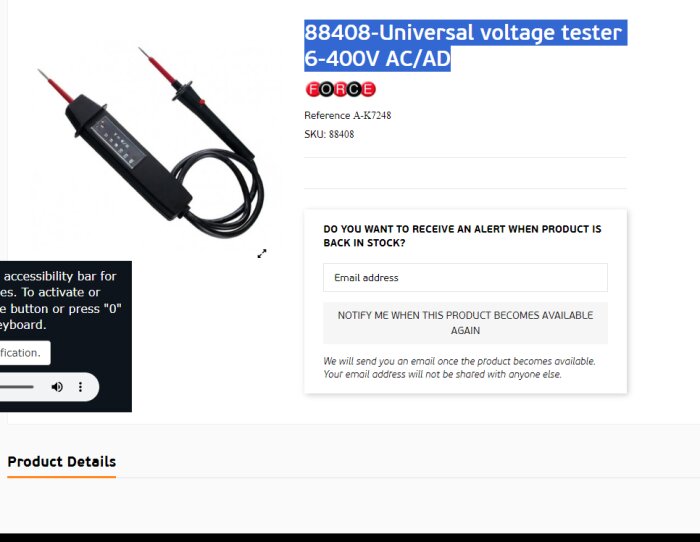 Universal spänningstestare, 6-400V AC/DC, svart, med kablar och röda prober, på webbsida, restnotis erbjuds.