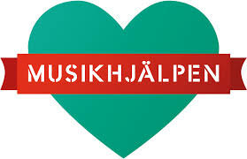 Grönt hjärta, röd banderoll, vit text "MUSIKHJÄLPEN", logotyp, illustration, välgörenhet, solidaritet, inspiration.