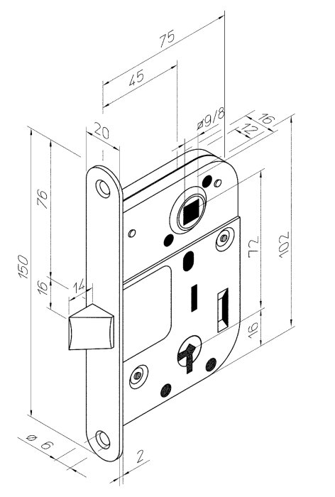 Teknisk ritning av ett lås, perspektivvy med måttangivelser, konstruktionsdetaljer synliga.