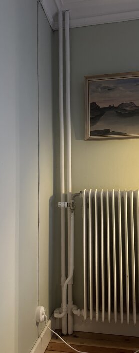 Ett rumshörn med vit radiator, rörkonstruktion, eluttag och tavla med landskap.