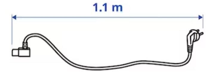 Diagram av en sladd med en kontakt och en stickpropp, längden är 1.1 meter.