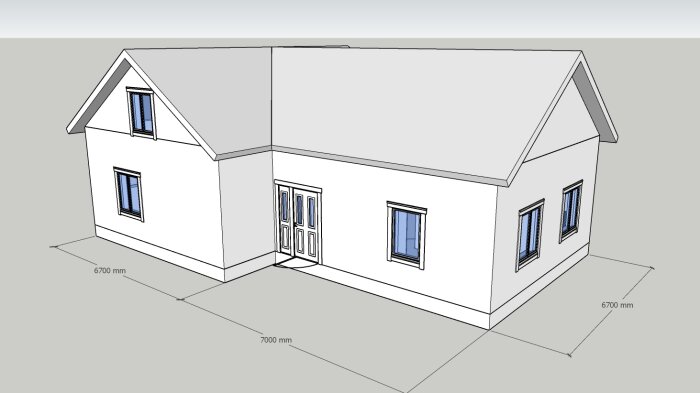 3D-modell av ett enfamiljshus med måttangivelser, fem fönster och en dubbeldörr.