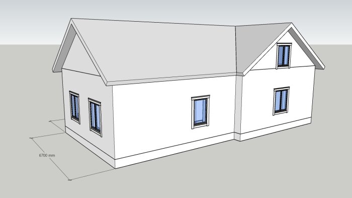 3D-modell av ett hus med sadeltak, flera fönster, enkelt utseende, måttangivelse i millimeter.