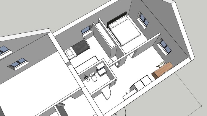 3D-ritning av en lägenhet, två sovrum, ett vardagsrum, kök, badrum, möblerat, översikt.