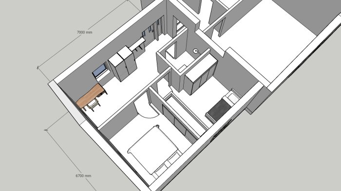 3D-ritning av en lägenhetsplan med möblering, dimensioner och inredning detekteras.
