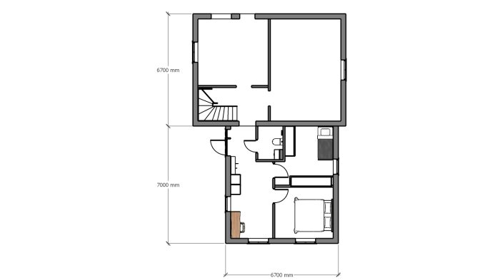 Ritning av en lägenhet med dimensioner 7000 mm x 6700 mm, inkluderar badrum, kök, sovrum och vardagsrum.