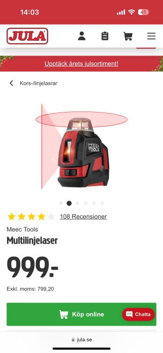 Skärmupptagning av Jula produkt, Meec Tools multilinjelaser, betyg 4 stjärnor, pris 999 kronor, webshop köpknapp.