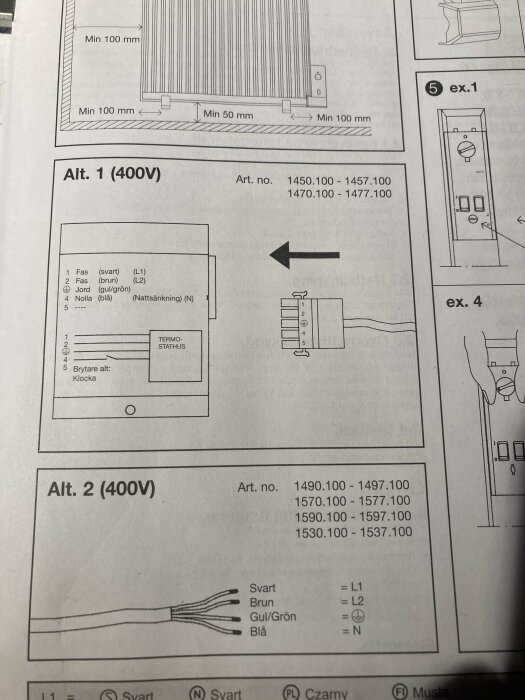 Elektriska installationsinstruktioner, säkerhetsavstånd, elektrisk kopplingsschema, artikelnummer, kabelfärger på svenska.