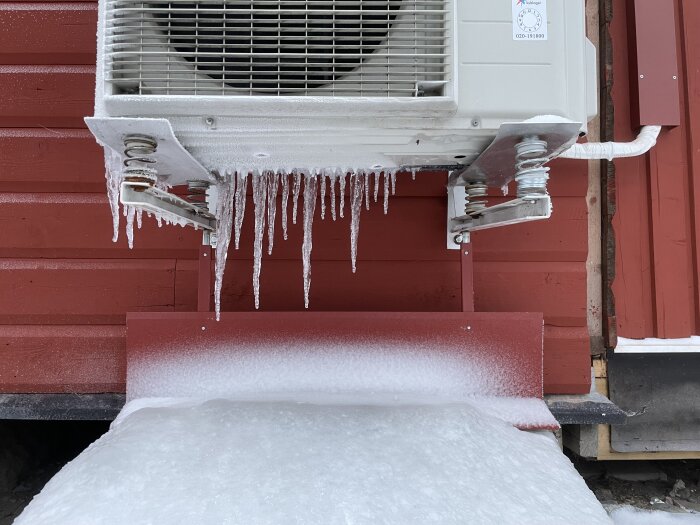 Luftkonditioneringsenhet täckt av is och hängande istappar mot en röd vägg, snöig vintermiljö.