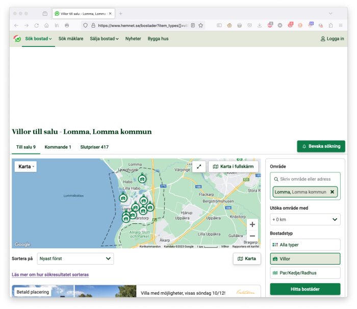 Webbsida som visar fastighetskarta för villor till salu i Lomma, Sverige.