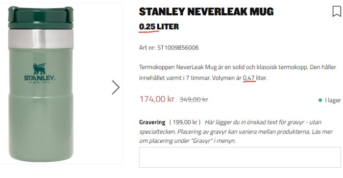 Stanley termomugg, NeverLeak, 0.25 liter, håller värme 7 timmar, grön, rea.