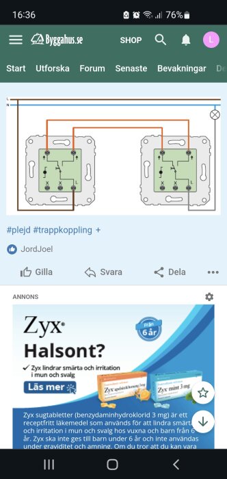 Skärmdump av webbsida, elektrisk kopplingsschema, hashtaggar "plejd" och "trappkoppling", reklam för halstabletter.