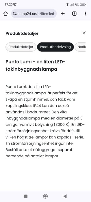 Skärmdump från en webbplats om en liten LED-takinbyggnadslampa, Punto Lumi, IP44, ej inkluderad strömförsörjningsenhet.