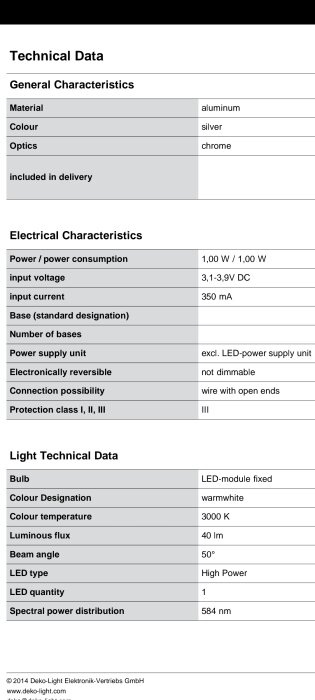 Teknisk specifikation av en LED-produkt; material, elektriska egenskaper och ljusdata presenteras i tabeller.