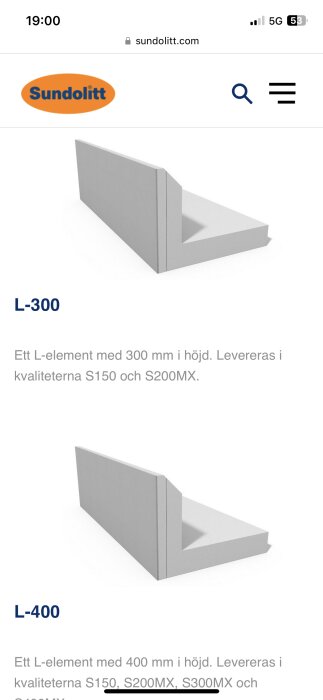 Två grå betong L-element olika storlekar, webbsida för byggmaterial, informationsbeskrivningar, logotyp överst.