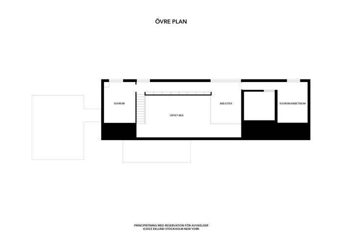 Arkitektonisk ritning, övre plan, innehåller sovrum, bibliotek, arbetsrum, trappa markerad "öppet ner".