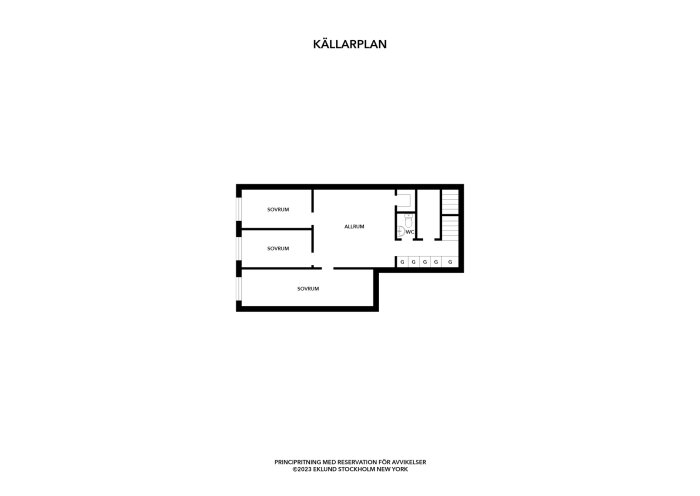 Svartvit källarplansritning; tre sovrum, allrum, WC, trappa och garderober. Text "KÄLLARPLAN", principritning nedan.