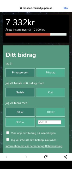 Donationsida för välgörenhet med mål 10 000 kr, uppnått 7332 kr. Välj bidrag som privatperson eller företag.