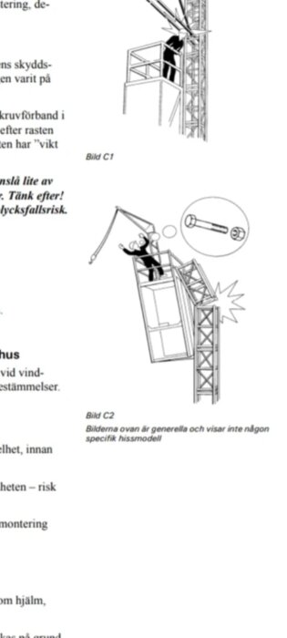 Två illustrationer av säkerhetsmissar: ovanskat utrustningsfel och risk för fallolyckor.