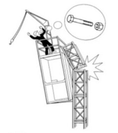 Tecknad bild: Person faller från arbetsplattform, skruv lossnar, olycksfallsfara, arbetsmiljö, säkerhetsrisk, konstruktionsfel.