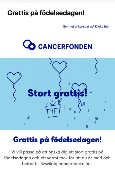 Grattiskort, ballonger, present, konfetti, text "Stort grattis!", Cancerfonden-logotyp, födelsedagshälsning, blå bakgrund.