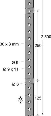 Teknisk ritning av en metallprofil med hål, dimensioner och detaljer specificerade.