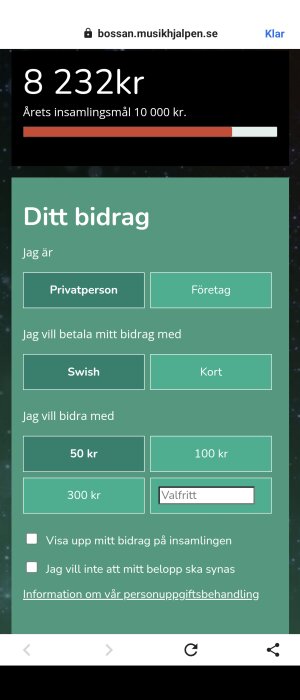 Insamlingskampanj med mål, donationssida, betalning via Swish eller kort, olika belopp att välja, privatperson eller företag.