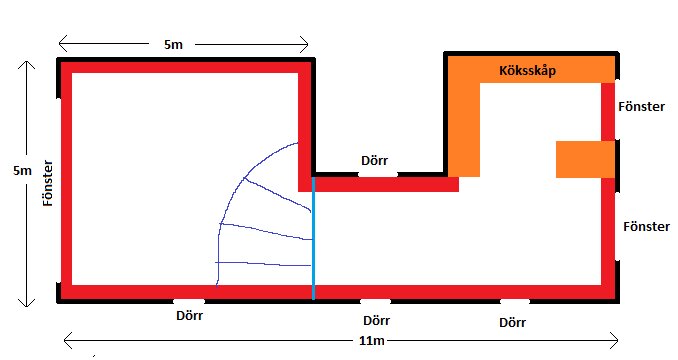 Enkel ritning av en planlösning med mått, dörrar, fönster och köksskåp markerat.