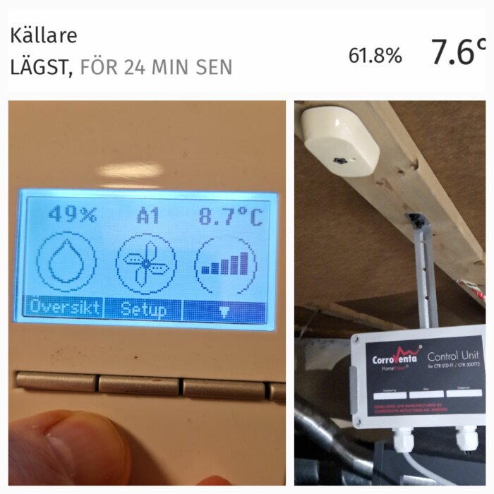 Digital visning av temperatur och luftfuktighet; sensorer och kontrollenhet för hemautomationssystem.