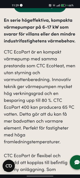 Skärmdump av text om CTC EcoPart, en effektiv värmepump för fastigheter.