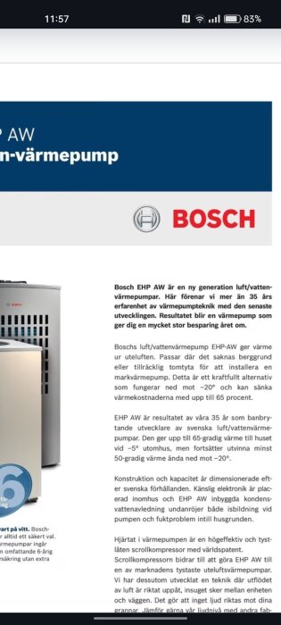 Reklam för Bosch EHP AW luft/vatten-värmepump, energibesparing, vit enhet, teknisk information, blå och vit layout.