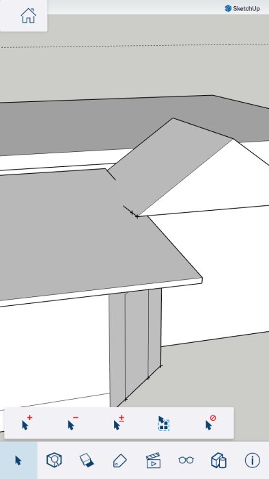 Skärmdump av en 3D-modell i SketchUp-appen, som visar en enkel struktur och programverktyg.